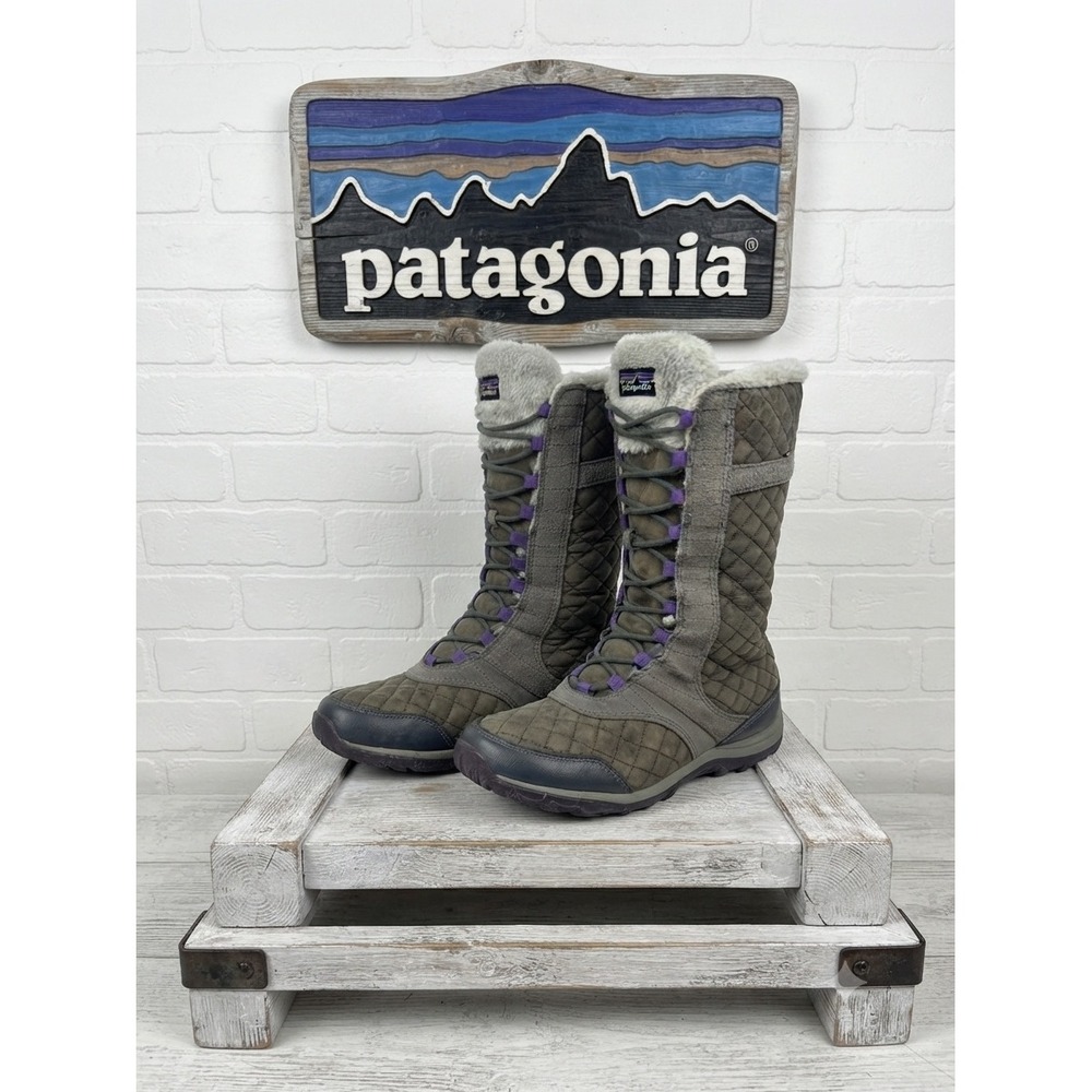 Patagonia Nickel Waterproof Winter Boots Womens 9 Quilted Leather Faux Fur‎ Grey